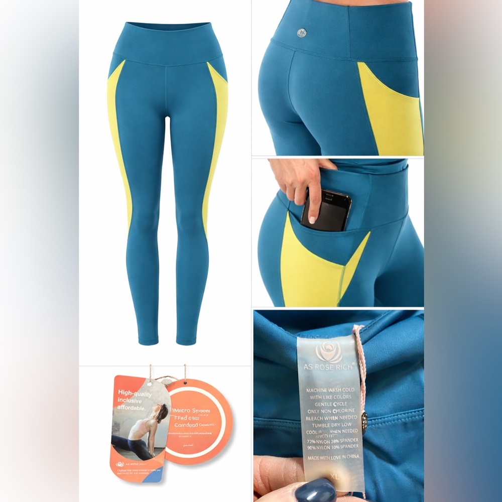 NEW AS Rose Rich High-Waist Performance Leggings – Large – Teal/Yellow